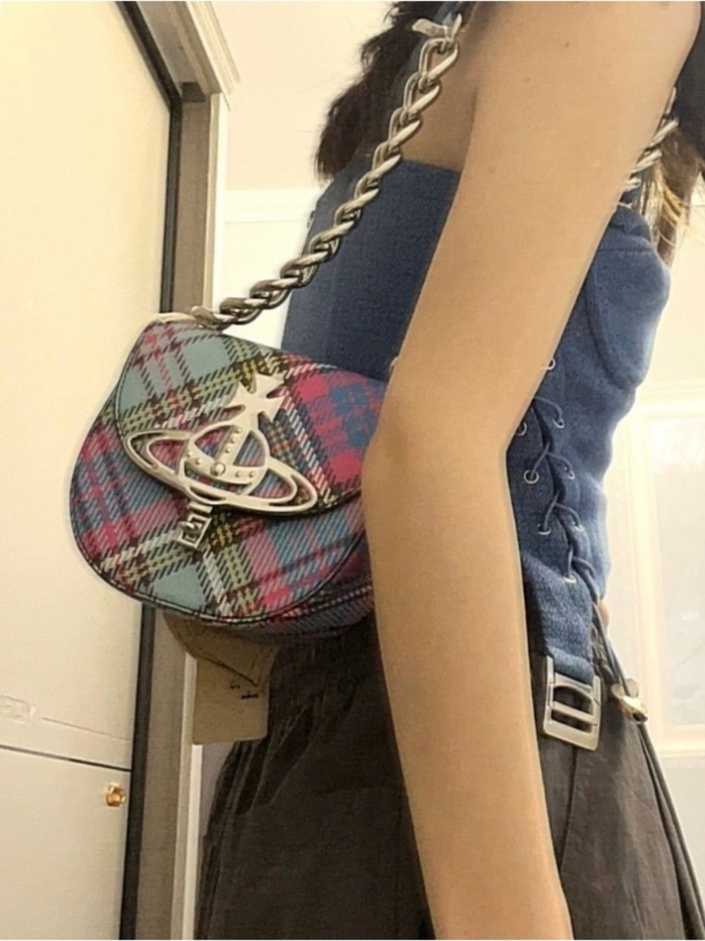 Vivienne Westwood Blue Pink Green Tartan Orb Chain Crossbody